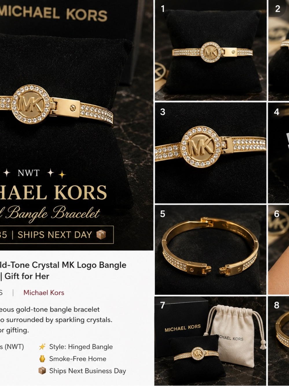 Michael Kors Gold Crystal MK Logo Hinged Bangle